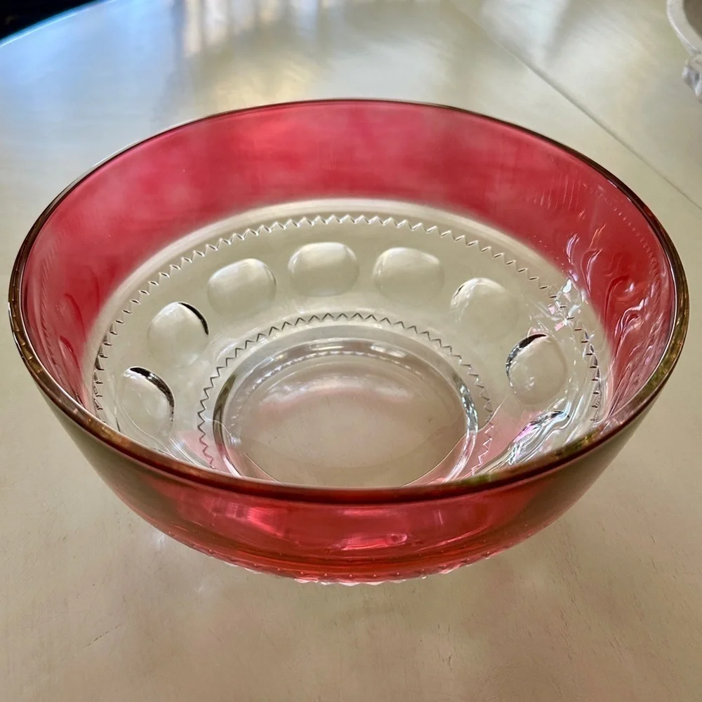 KINGS CROWN, RUBY RED FLASHING, THUMBPRINT, GLASS BOWL, FROM MID-20TH CENTURY.